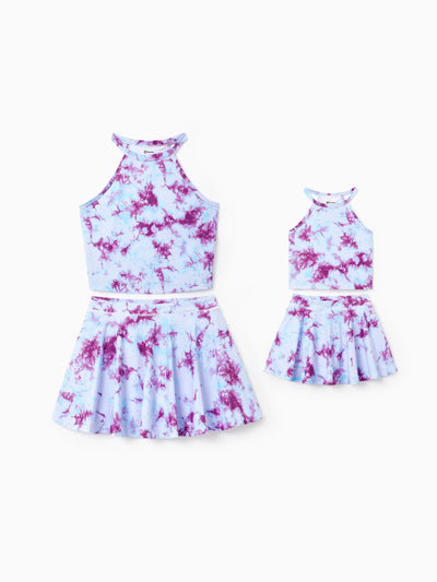 Matching Mommy and Me Tie Dye Skirt Set Halter Crop Top & Flowy Skirt Outfit, Cute Summer Twinning Looks for Vacation & Photos Purple