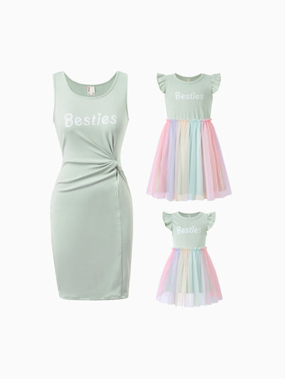 Matching Toddler/Kid Girl "Besties" Dresses Pastel Tulle Skirt for Girls, Perfect for Family Outings & Photos Pale Green