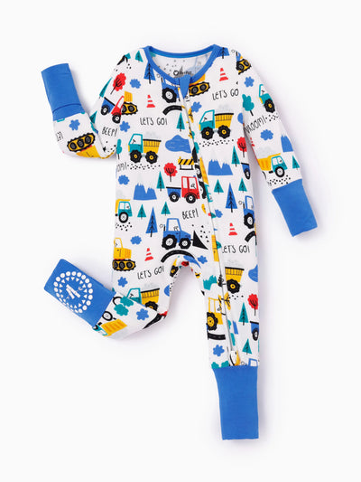 Bamboo Baby Boy/Girl Cartoon Printed 2-Way Zip Onesies Anti Slip Long-sleeve Footie Blue