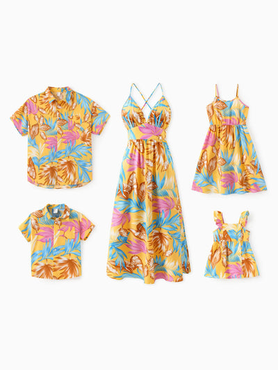 Toddler/Kid Girl Yellow Set Tropical Leaf Print Strap Dress  Yellow