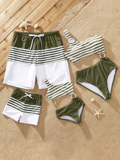 Family Matching Colorblock Stripe Swim Trunks or One Piece One Shoulder Swimsuit Army green