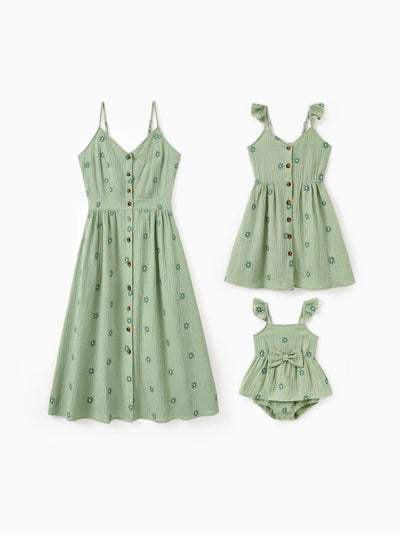 Toddler/Kid Girl Floral Cotton Dresses for Button-Down Smocked Floral Strap Ruffle Dress with Bow, Perfect for Summer Family Outings & Photos Pale Green
