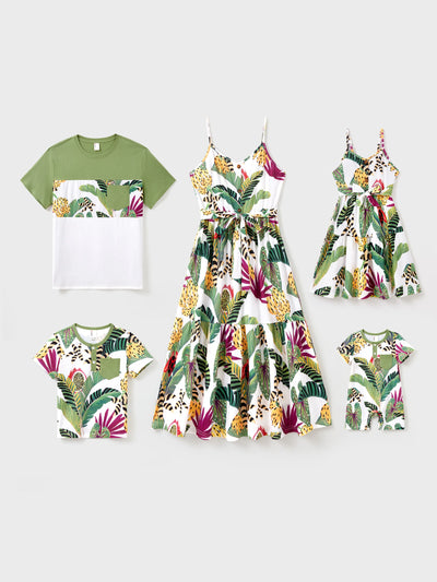 Family Matching Tropical Floral Print Short-sleeve Top or Camisole Dress Set Multi-color