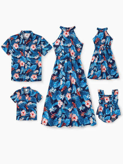 Toddler/Kid Girl Vacation Tropical Floral Print Halter Dresses, Perfect for Summer Holidays & Family Photos Deep Blue