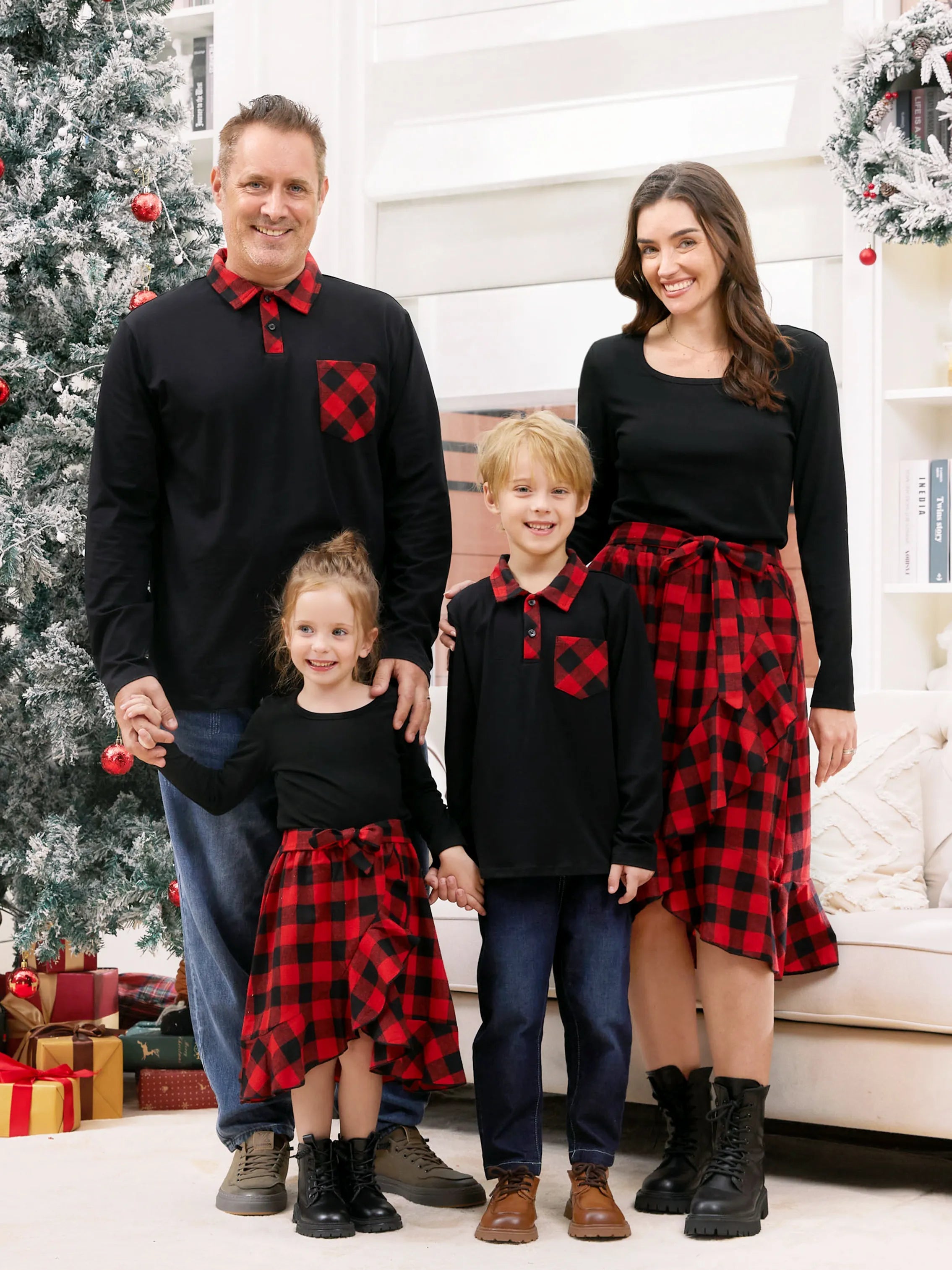 Matching Family Outfits Black and Red Plaid Co-ord Sets Hi-Low Flowy Hemline RedBlack