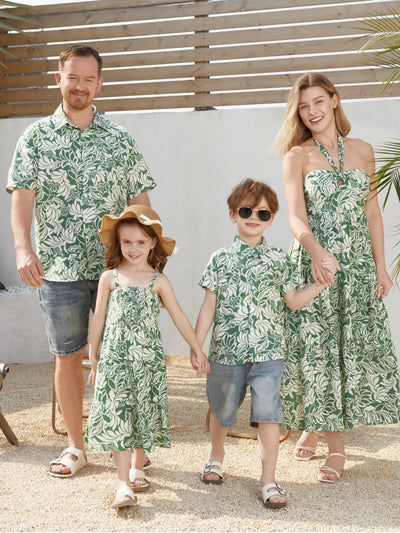 Family Matching Leaf Print Short-sleeve Shirt or Halter Dress Green Set Green
