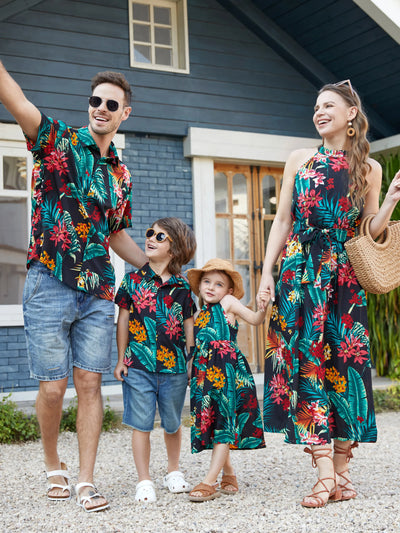 Family Matching Allover Plant Floral Print Halterneck Dresses and Short-sleeve Shirts Sets Black