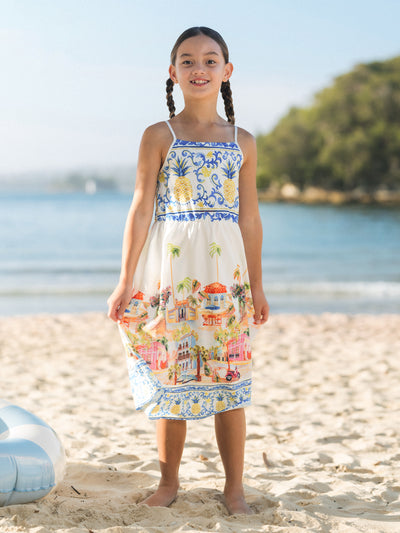 Toddler/Kid Girl Vacation Tropical Pineapple Coconut Tree Print Hollow out Strap Dress for Summer Vacation  White