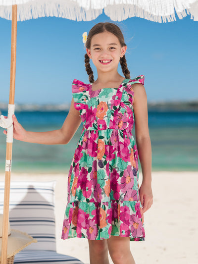 Toddler/Kid Girl Cotton Vacation Dresses Floral Smocked Dresses with Ruffle Straps for Summer Family Outings & Photos Multi-color