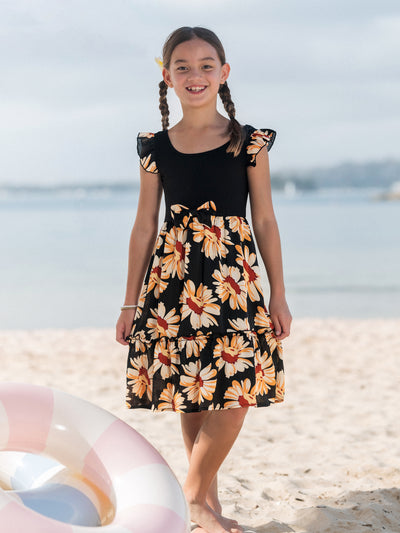 Toddler/Kid Girl Set Floral Sleeveless Strappy Dress Black