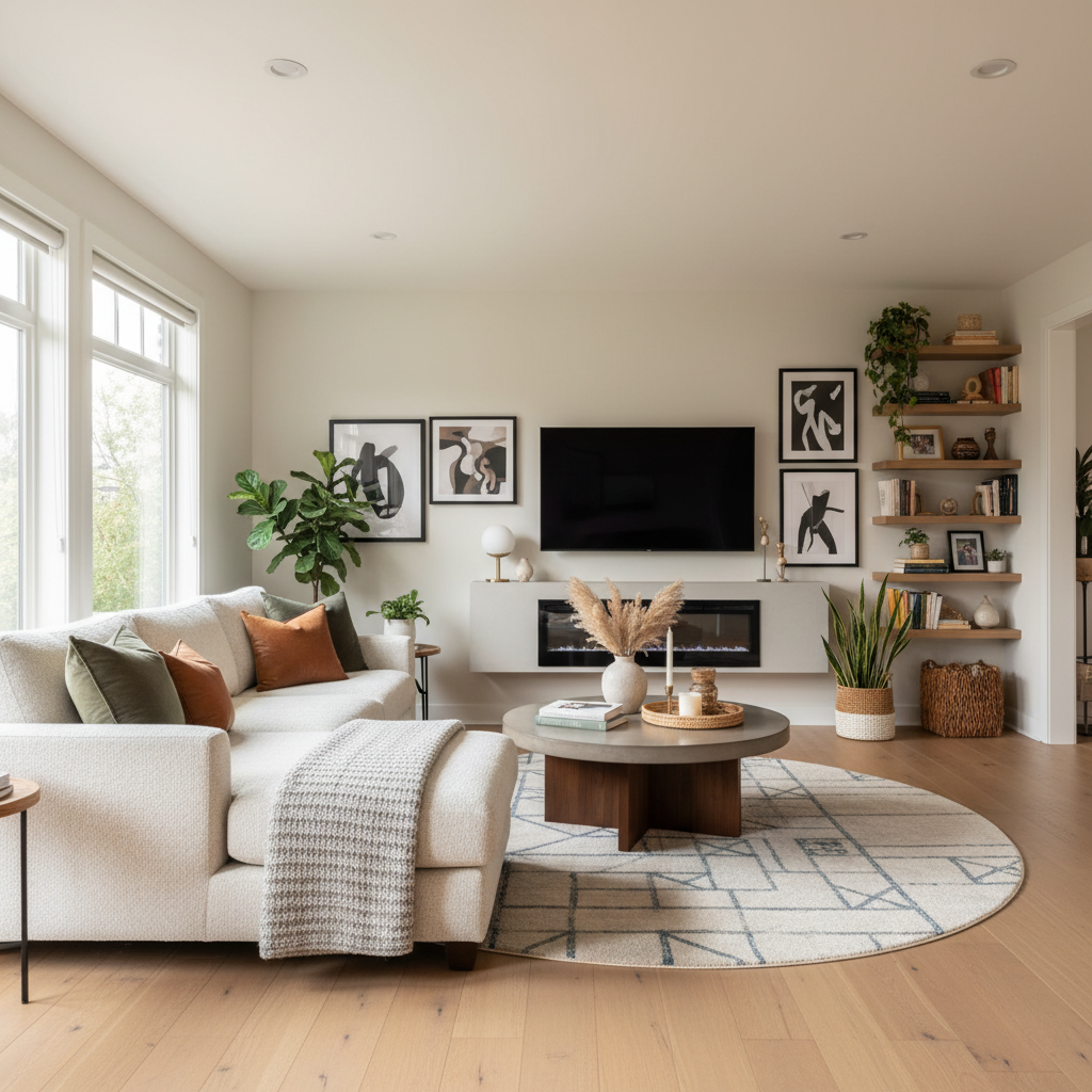 Stylish family room design ideas with comfortable seating, warm natural lighting, and modern decor