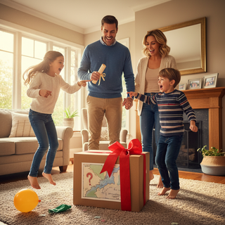 Surprise day out for family guide showing excited children and parents enjoying a joyful adventure moment
