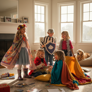 Kids clothing and imaginative play guide showing children in colorful dress-up outfits