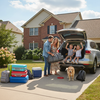 Family packing car for a weekend road trip getaway with kids, suburban driveway