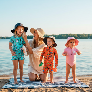 Lake day kids sun safety guide - children in UPF swimwear at sunny lake with mother
