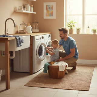 Parent and child doing laundry together at home, kids laundry age guide for families