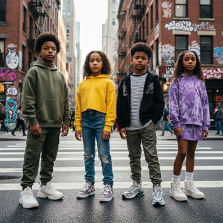 Street style kids fashion guide showing children in modern urban streetwear outfits