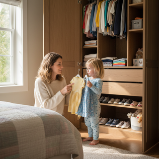 Morning outfit routine guide for kids showing mother helping child choose clothes quickly