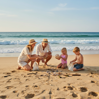 Family beach scavenger hunt guide with kids collecting shells and exploring the shoreline together