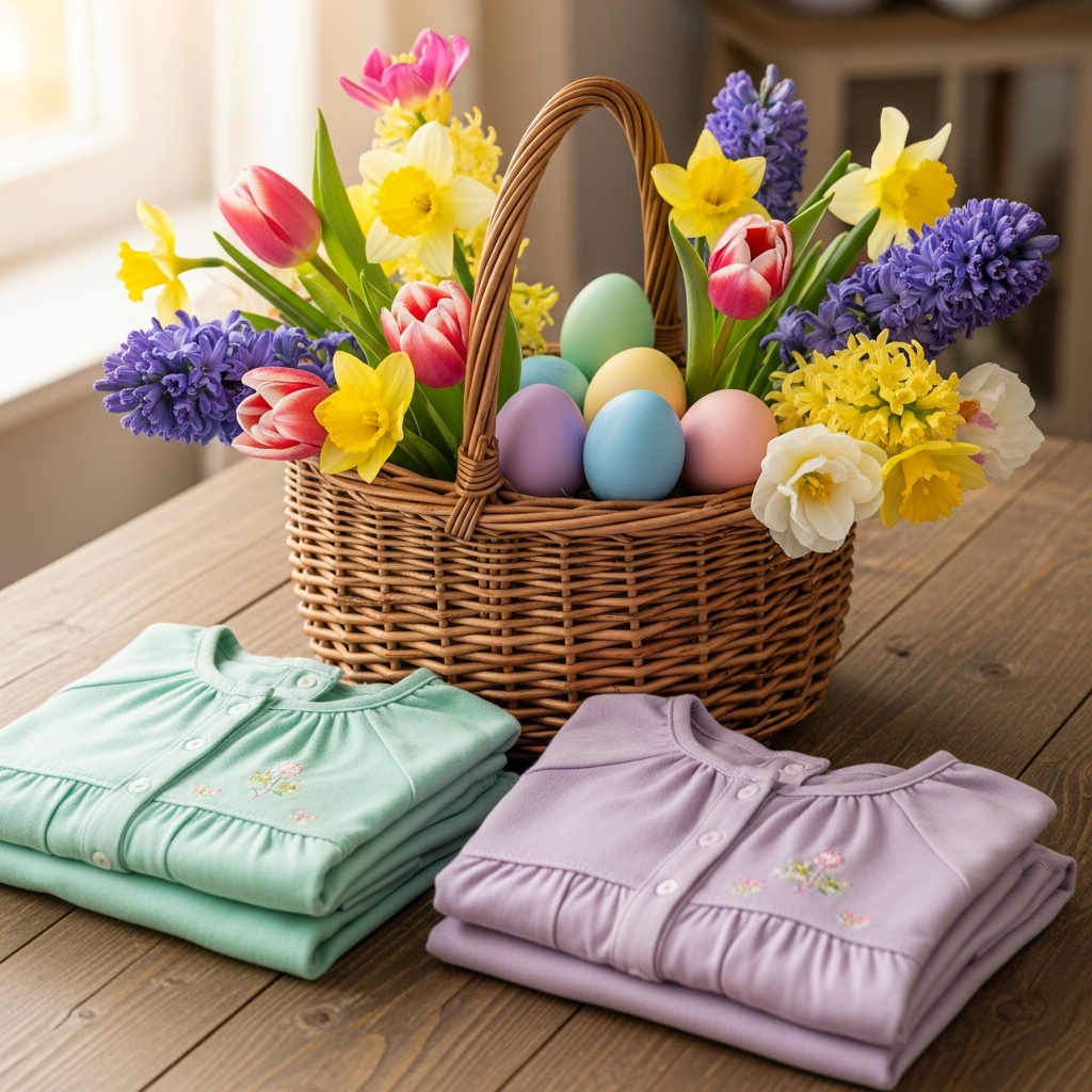 Easter basket with spring flowers and pastel eggs next to folded children Easter outfits for the PatPat sale
