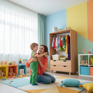 Color psychology kids rooms and wardrobes guide showing mother and child in colorful bedroom