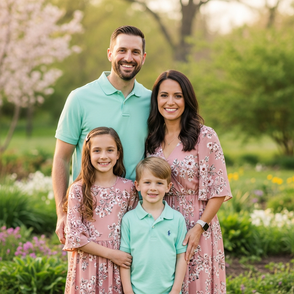 Dad and son in coordinating polo shirts mom and daughter in floral dresses for Easter family photo
