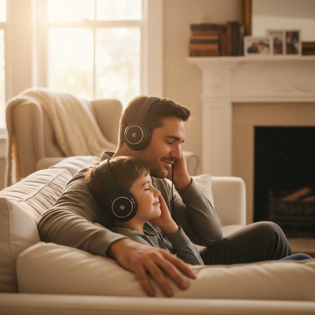 Father and son sharing headphones listening to music together, best father son songs guide