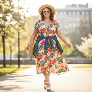 Confident plus size woman in casual floral dress walking outdoors everyday style guide