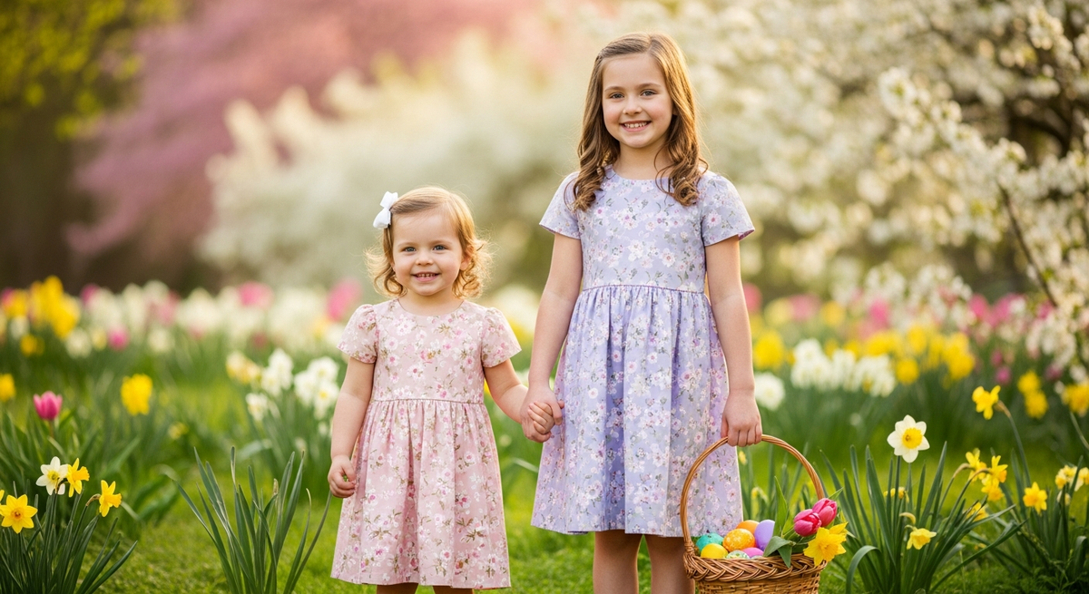 Two sisters wearing matching pastel floral Easter dresses holding hands in spring garden 2026