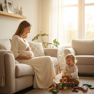 Second pregnancy guide illustration showing mother with toddler, warm family moment for expecting parents
