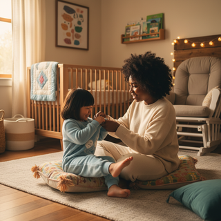 mother helping child change into kids pajamas as part of bedtime sleep routine