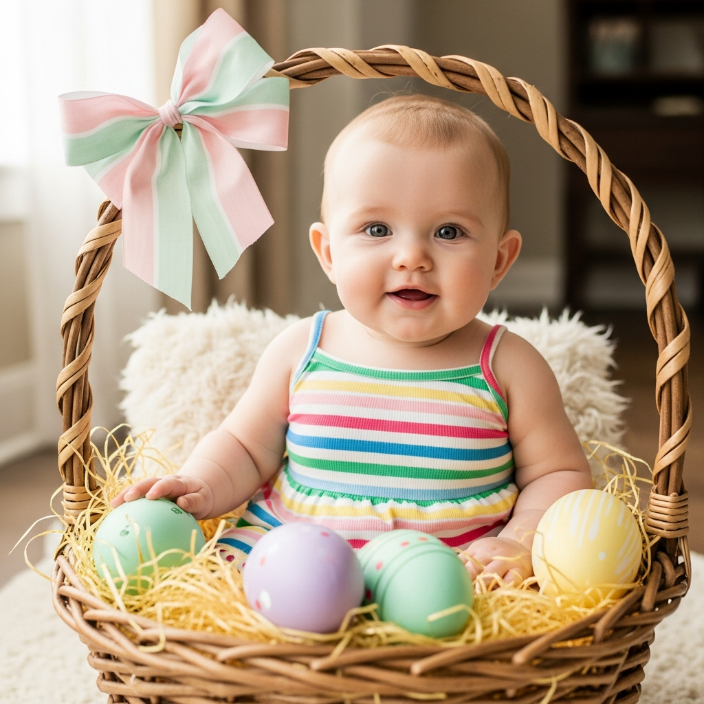 Baby in colorful stripe camisole dress sitting in Easter basket surrounded by pastel eggs for baby first Easter